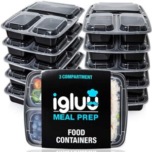 igluu meal prep containers [10 pack] 3 compartment with airtight lids – plastic food storage bento box – bpa free – reusable lunch boxes – microwavable, freezer and dishwasher safe (32 oz)