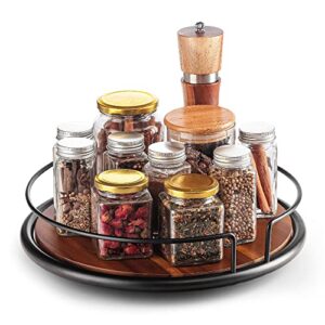 RABAHA 13" Lazy Susan Organizer for Cabinet - Lazy Susan Turntable for Table - Kitchen Turntable Storage Food Bin Container for Spices, Fridge, Pantry, Countertop (Acacia Wood + Steel Frame)