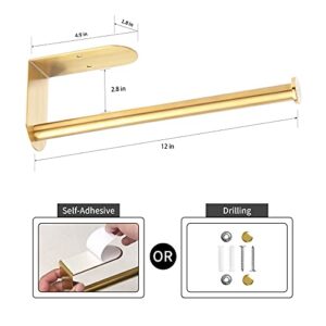 Gold Paper Towel Holder Under Cabinet, OBODING, Self Adhesive or Drilling, Paper Towel Holder Wall Mount, 304 Stainless Steel Towel Rack for Kitchen, Cabinet, Bathroom (12.05 inches)