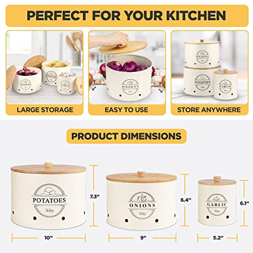 Kito LIVING Canister Sets For Kitchen Counter, 3 Piece Garlic Potato Onion Keeper Kitchen Canisters for Pantry Organization and Storage Bins with Wooden Bamboo Lids, Kitchen Organization (Cream)