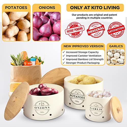 Kito LIVING Canister Sets For Kitchen Counter, 3 Piece Garlic Potato Onion Keeper Kitchen Canisters for Pantry Organization and Storage Bins with Wooden Bamboo Lids, Kitchen Organization (Cream)