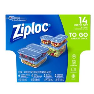ziploc food storage meal prep containers with one press seal, for travel & organization, dishwasher safe, 14 piece set (variety pack)