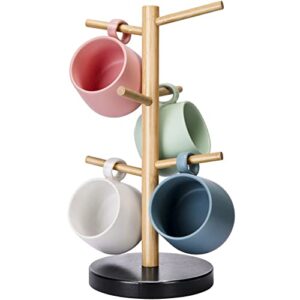 wisuce bamboo mug holder tree, thicker base coffee cup holder stand for counter, mug rack with 6 hooks