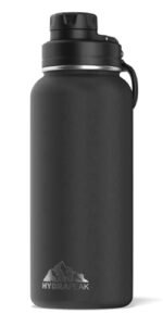 hydrapeak 32 oz insulated water bottle with chug lid – reusable leak proof stainless steel water bottles, double wall vacuum insulation | 24 hours cold and 12 hours hot (black)