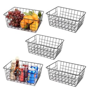 5pcs wire storage baskets, premium metal storage organizer basket, small size metal baskets for home office kitchen, black