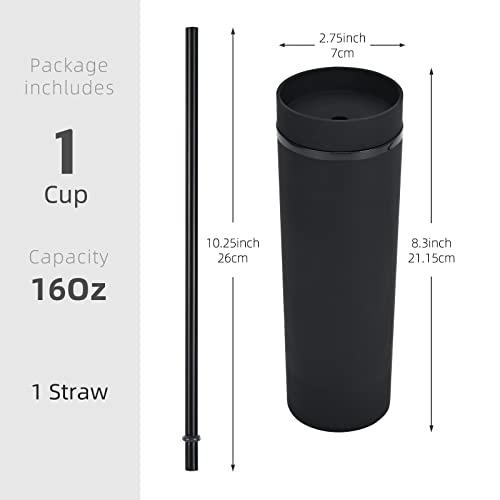 Modwnfy Skinny Tumblers Bulk, 16Oz Matte Black Tumblers with Lids and Straws, Reusable Pastel Acrylic Tumblers, Double Wall Plastic Tumblers for Cold Hot Drinks, DIY Tumblers Cups