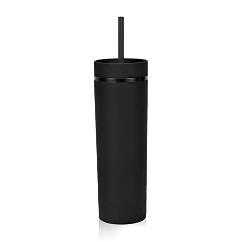 Modwnfy Skinny Tumblers Bulk, 16Oz Matte Black Tumblers with Lids and Straws, Reusable Pastel Acrylic Tumblers, Double Wall Plastic Tumblers for Cold Hot Drinks, DIY Tumblers Cups