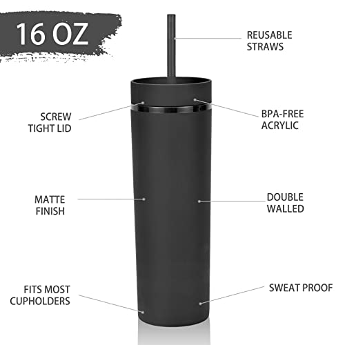 Modwnfy Skinny Tumblers Bulk, 16Oz Matte Black Tumblers with Lids and Straws, Reusable Pastel Acrylic Tumblers, Double Wall Plastic Tumblers for Cold Hot Drinks, DIY Tumblers Cups