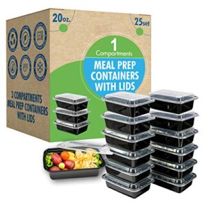[25 set] 20oz meal prep containers with lids – ideal for lunch containers, food prep containers, food storage bento box,portion control | stackable | microwave | dishwasher | freezer safe compartment) 20oz 1 compartment x25