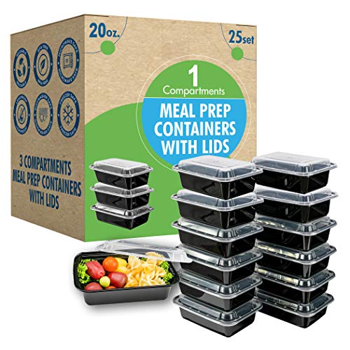 [25 Set] 20oz Meal Prep Containers with Lids - Ideal for Lunch Containers, Food Prep Containers, Food Storage Bento Box,Portion Control | Stackable | Microwave | Dishwasher | Freezer Safe Compartment) 20oz 1 Compartment x25