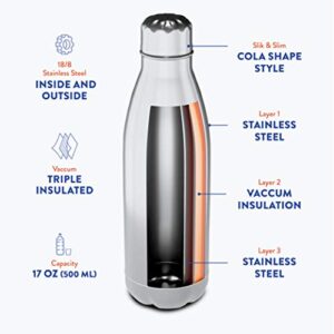 Triple-Insulated Stainless Steel Water Bottle (set of 2) 17 Ounce, Sleek Insulated Water Bottles, Keeps Hot and Cold, 100% Leakproof Lids, Sweatproof Water Bottles, Great for Travel, Picnic& Camping.