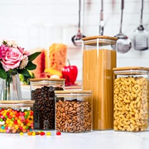 5 Square Canisters, Glass Kitchen Canister with Airtight Bamboo Lid, Glass Storage Jars for Kitchen, Bathroom and Pantry Organization Ideal for Flour, Sugar, Coffee, Candy, Snack & More