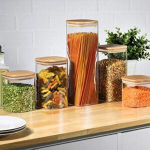 5 Square Canisters, Glass Kitchen Canister with Airtight Bamboo Lid, Glass Storage Jars for Kitchen, Bathroom and Pantry Organization Ideal for Flour, Sugar, Coffee, Candy, Snack & More