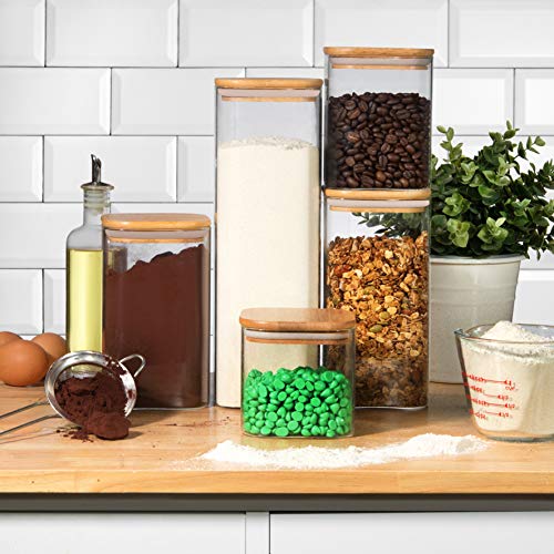 5 Square Canisters, Glass Kitchen Canister with Airtight Bamboo Lid, Glass Storage Jars for Kitchen, Bathroom and Pantry Organization Ideal for Flour, Sugar, Coffee, Candy, Snack & More