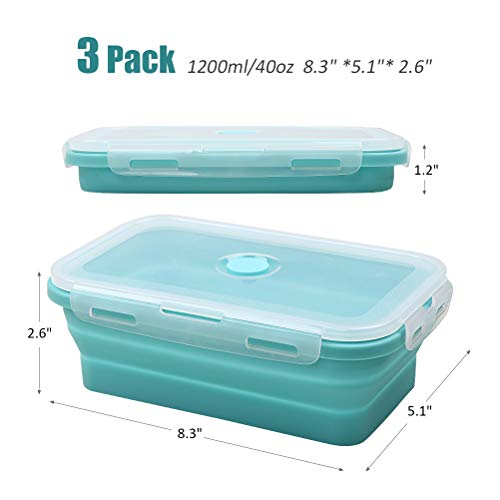 Alimat PluS Silicone Food Storage Containers with Lids - 3 Pack Set 40oz/1200ml Collapsible Meal Prep Lunch Containers - Microwave, Freezer and Dishwasher Safe