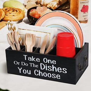 Small Paper Plate Holder Utensil Caddy Organizer for Countertop, Kitchen Silverware Caddy Holder for Cups, Forks, Spoons, Plates, Napkins, Wood Utensil Holder Paper Plate Dispenser for Party Picnic