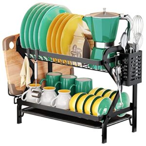 gaokase dish drying rack with drainboard, 2-tier black dish racks for kitchen counter,dish drainers with removable utensil holder