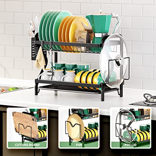 GAOKASE Dish Drying Rack with Drainboard, 2-Tier Black Dish Racks for Kitchen Counter,Dish Drainers with Removable Utensil Holder