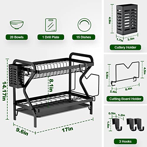 GAOKASE Dish Drying Rack with Drainboard, 2-Tier Black Dish Racks for Kitchen Counter,Dish Drainers with Removable Utensil Holder