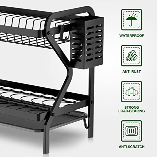 GAOKASE Dish Drying Rack with Drainboard, 2-Tier Black Dish Racks for Kitchen Counter,Dish Drainers with Removable Utensil Holder