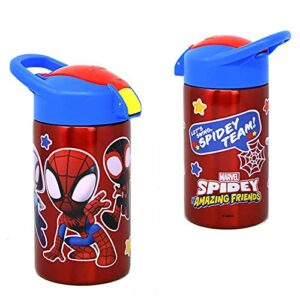 zak designs, inc. spidey and friends stainless steel bottle for kids – spider-man kids insulated water bottle with push button spout, perfect water bottle for kids for school days and trips – 15.5 oz.