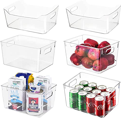 Set of 6 Clear Plastic Organizer Storage Bins, Perfect Kitchen Organization or Pantry Storage - Fridge Organizer, Cabinet Storage Bins for Kitchen, Countertops, Bedrooms, Bathrooms