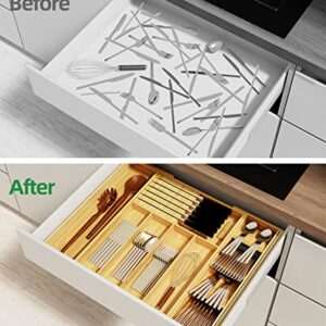 Delamu Expandable Silverware Organizer with Cutlery Organizer in Drawer, Flatware Utensil Organizer with Knife Organizer, Bamboo Kitchen Drawer Organizer for Large Utensils, Silverware Tray for Drawer