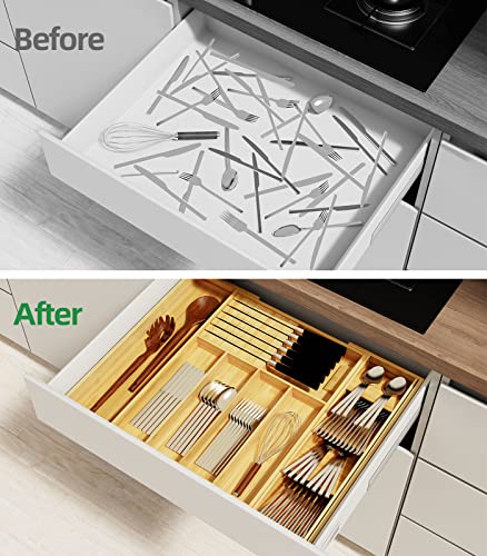 Delamu Expandable Silverware Organizer with Cutlery Organizer in Drawer, Flatware Utensil Organizer with Knife Organizer, Bamboo Kitchen Drawer Organizer for Large Utensils, Silverware Tray for Drawer