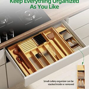 Delamu Expandable Silverware Organizer with Cutlery Organizer in Drawer, Flatware Utensil Organizer with Knife Organizer, Bamboo Kitchen Drawer Organizer for Large Utensils, Silverware Tray for Drawer