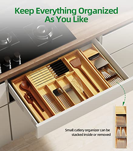 Delamu Expandable Silverware Organizer with Cutlery Organizer in Drawer, Flatware Utensil Organizer with Knife Organizer, Bamboo Kitchen Drawer Organizer for Large Utensils, Silverware Tray for Drawer