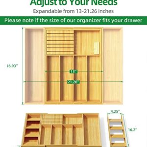 Delamu Expandable Silverware Organizer with Cutlery Organizer in Drawer, Flatware Utensil Organizer with Knife Organizer, Bamboo Kitchen Drawer Organizer for Large Utensils, Silverware Tray for Drawer