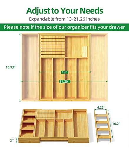 Delamu Expandable Silverware Organizer with Cutlery Organizer in Drawer, Flatware Utensil Organizer with Knife Organizer, Bamboo Kitchen Drawer Organizer for Large Utensils, Silverware Tray for Drawer