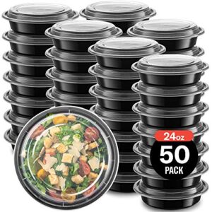 promoze 50-pack meal prep plastic microwavable food containers bowls round containers & lids (24 oz.) black round reusable storage lunch boxes -bpa-free food grade -freezer & dishwasher safe –