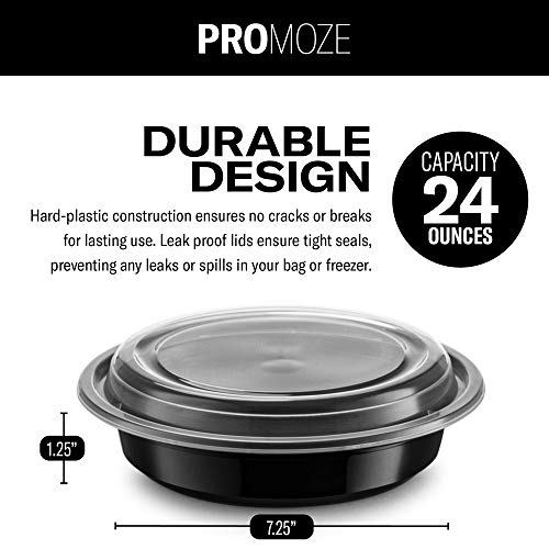 PROMOZE 50-Pack Meal Prep Plastic Microwavable Food Containers Bowls Round containers & Lids (24 OZ.) Black Round Reusable Storage Lunch Boxes -BPA-Free Food Grade -Freezer & Dishwasher Safe -