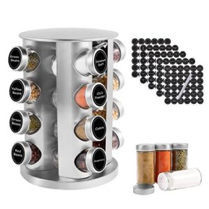 rotating spice rack with 16 jars, revolving spice rack organizer for cabinet, seasoning organizer stainless steel kitchen spice tower with labels for countertop