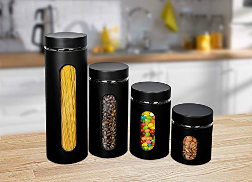GADGETWIZ Canister Sets for Kitchen Counter - Matte Black Kitchen Decor and Accessories - Glass Canisters Sets for the Kitchen - Sugar Containers for Countertop - Kitchen Canisters Set of 4