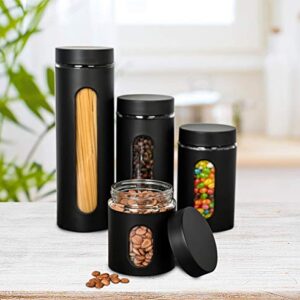 GADGETWIZ Canister Sets for Kitchen Counter - Matte Black Kitchen Decor and Accessories - Glass Canisters Sets for the Kitchen - Sugar Containers for Countertop - Kitchen Canisters Set of 4