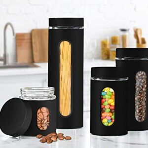 GADGETWIZ Canister Sets for Kitchen Counter - Matte Black Kitchen Decor and Accessories - Glass Canisters Sets for the Kitchen - Sugar Containers for Countertop - Kitchen Canisters Set of 4