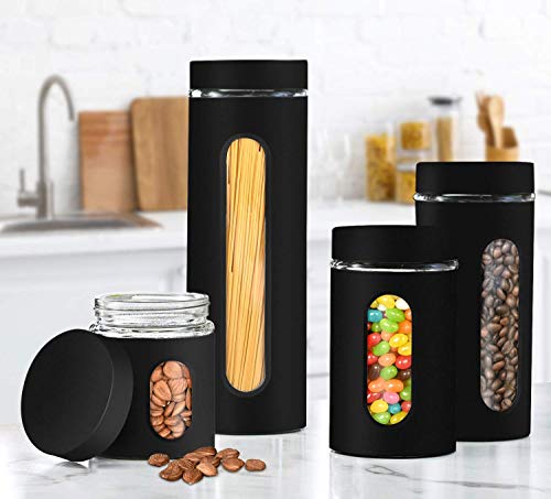 GADGETWIZ Canister Sets for Kitchen Counter - Matte Black Kitchen Decor and Accessories - Glass Canisters Sets for the Kitchen - Sugar Containers for Countertop - Kitchen Canisters Set of 4