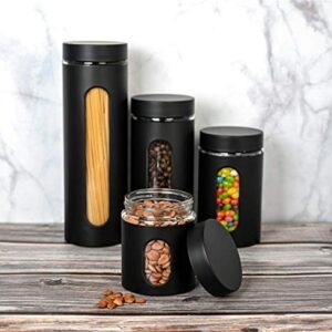 GADGETWIZ Canister Sets for Kitchen Counter - Matte Black Kitchen Decor and Accessories - Glass Canisters Sets for the Kitchen - Sugar Containers for Countertop - Kitchen Canisters Set of 4