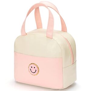 lunch bag for women large insulated lunch box reusable lunch tote bag with smiley preppy lunch bag,soft leather lunchbag for work school picnic travel (white&pink)