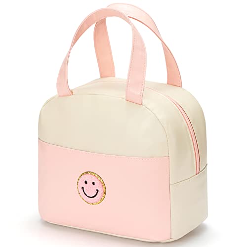 Lunch Bag for Women Large Insulated Lunch Box Reusable Lunch Tote Bag with Smiley Preppy Lunch Bag,Soft Leather Lunchbag for Work School Picnic Travel (White&Pink)