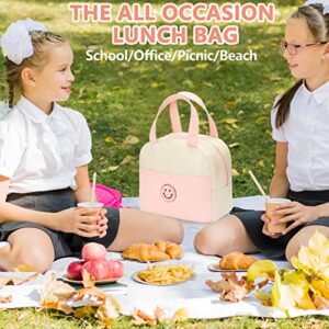 Lunch Bag for Women Large Insulated Lunch Box Reusable Lunch Tote Bag with Smiley Preppy Lunch Bag,Soft Leather Lunchbag for Work School Picnic Travel (White&Pink)