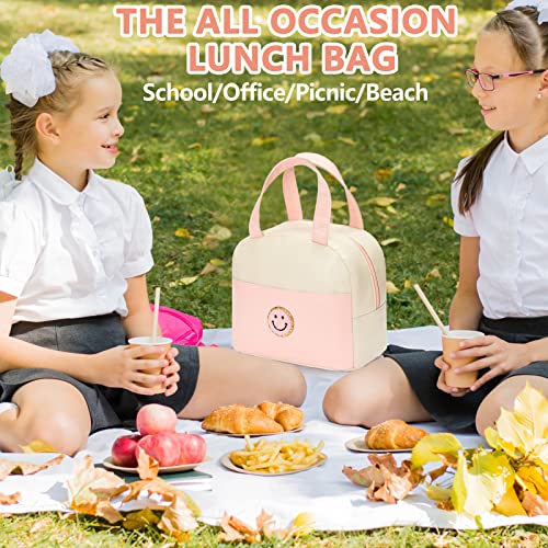 Lunch Bag for Women Large Insulated Lunch Box Reusable Lunch Tote Bag with Smiley Preppy Lunch Bag,Soft Leather Lunchbag for Work School Picnic Travel (White&Pink)