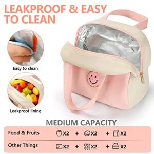 Lunch Bag for Women Large Insulated Lunch Box Reusable Lunch Tote Bag with Smiley Preppy Lunch Bag,Soft Leather Lunchbag for Work School Picnic Travel (White&Pink)