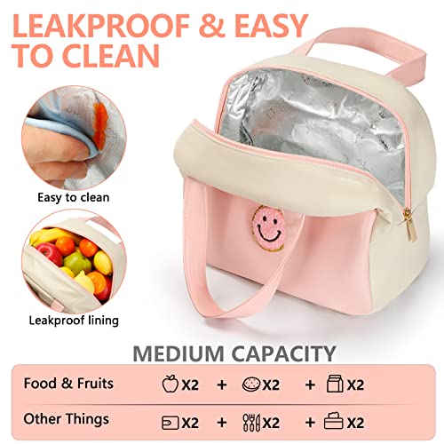 Lunch Bag for Women Large Insulated Lunch Box Reusable Lunch Tote Bag with Smiley Preppy Lunch Bag,Soft Leather Lunchbag for Work School Picnic Travel (White&Pink)