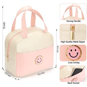 Lunch Bag for Women Large Insulated Lunch Box Reusable Lunch Tote Bag with Smiley Preppy Lunch Bag,Soft Leather Lunchbag for Work School Picnic Travel (White&Pink)