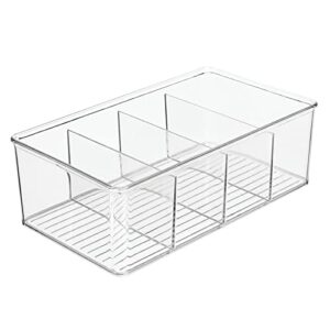 mDesign Plastic Divided Kitchen Organizer Bin Container Box with 4 Sections for Pantry, Fridge, Refrigerator, Countertop, Pantry - Hold Cereal, Snacks, Tea, Seasoning - Ligne Collection - Clear