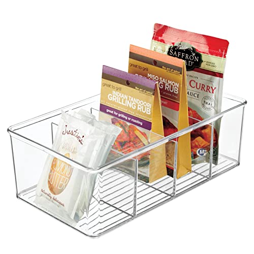 mDesign Plastic Divided Kitchen Organizer Bin Container Box with 4 Sections for Pantry, Fridge, Refrigerator, Countertop, Pantry - Hold Cereal, Snacks, Tea, Seasoning - Ligne Collection - Clear