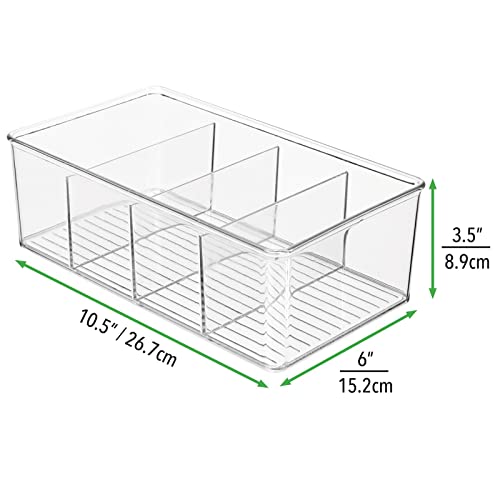 mDesign Plastic Divided Kitchen Organizer Bin Container Box with 4 Sections for Pantry, Fridge, Refrigerator, Countertop, Pantry - Hold Cereal, Snacks, Tea, Seasoning - Ligne Collection - Clear